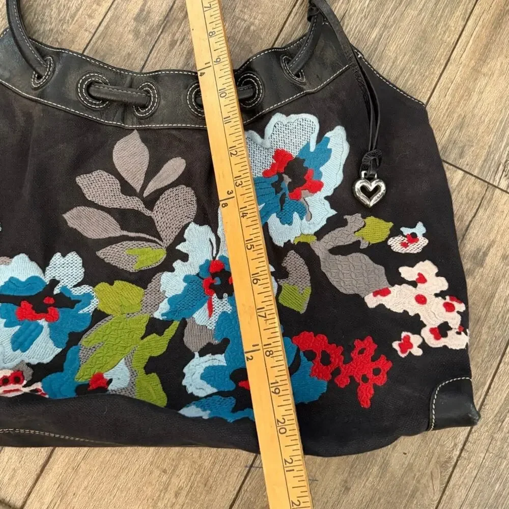 Brighton Handbag Black Canvas Floral Embroidered Leather Shoulder Strap boho